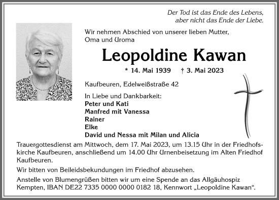 Traueranzeige von Leopoldine Kawan von Allgäuer Zeitung, Kaufbeuren/Buchloe
