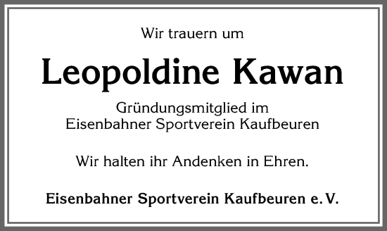 Traueranzeige von Leopoldine Kawan von Allgäuer Zeitung, Kaufbeuren/Buchloe