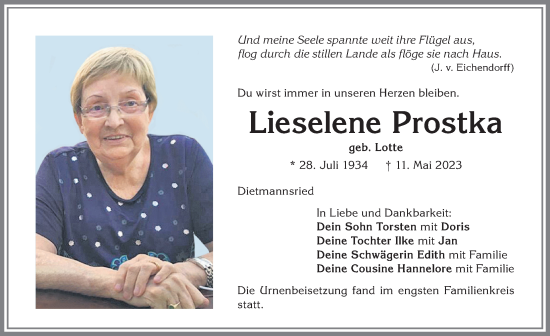 Traueranzeige von Lieselene Prostka von Allgäuer Zeitung,Kempten