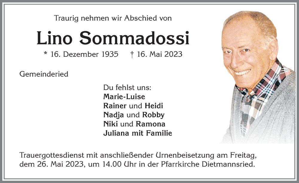  Traueranzeige für Lino Sommadossi vom 20.05.2023 aus Allgäuer Zeitung,Kempten
