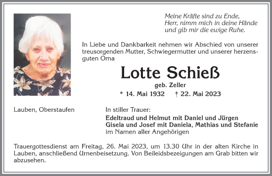Traueranzeige von Lotte Schieß von Allgäuer Zeitung,Kempten