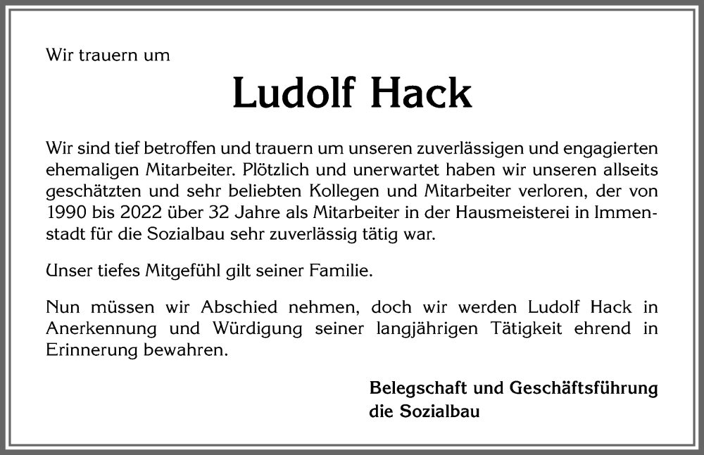  Traueranzeige für Ludolf Hack vom 04.05.2023 aus Allgäuer Anzeigeblatt