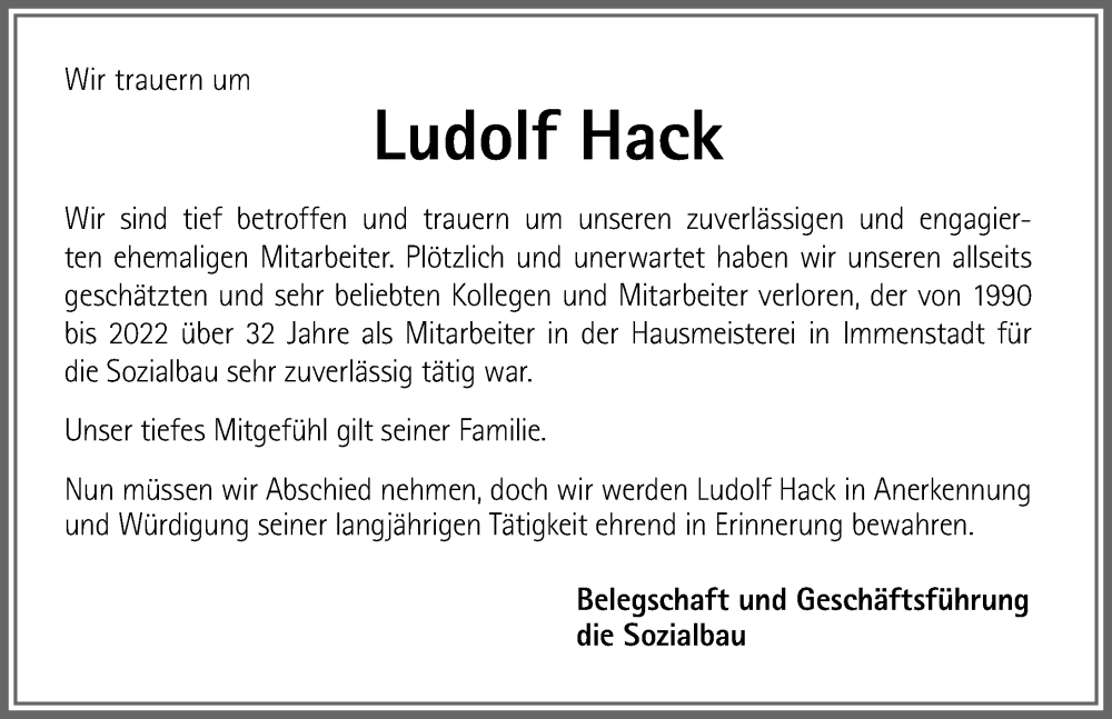  Traueranzeige für Ludolf Hack vom 04.05.2023 aus Allgäuer Anzeigeblatt