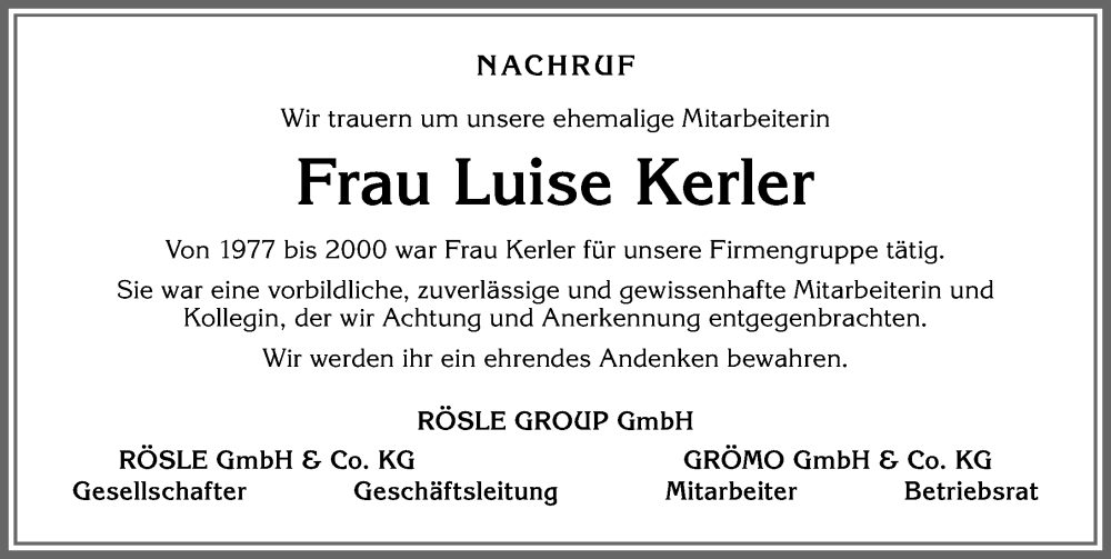  Traueranzeige für Luise Kerler vom 26.05.2023 aus Allgäuer Zeitung, Marktoberdorf