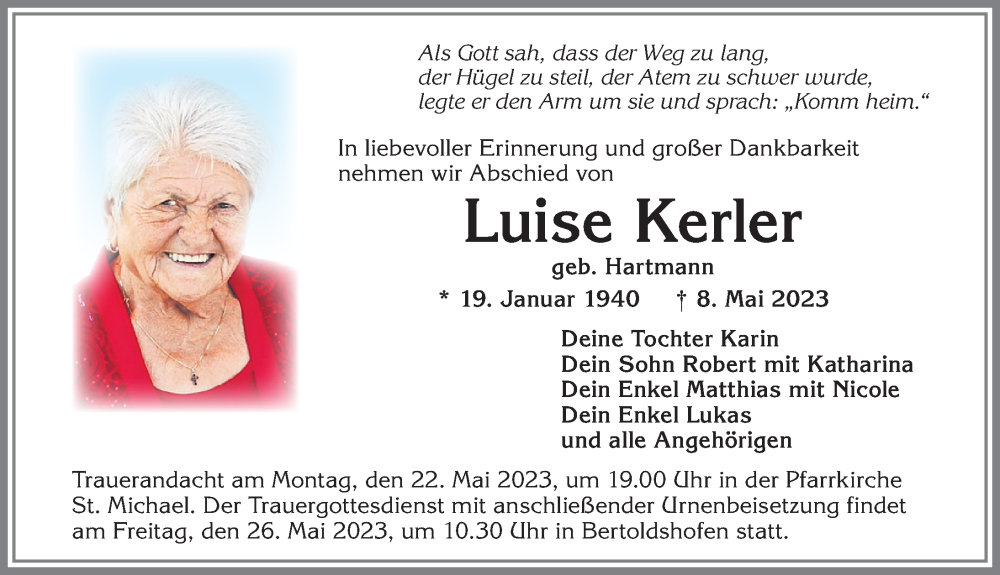  Traueranzeige für Luise Kerler vom 20.05.2023 aus Allgäuer Zeitung, Marktoberdorf