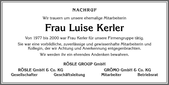 Traueranzeige von Luise Kerler von Allgäuer Zeitung, Marktoberdorf