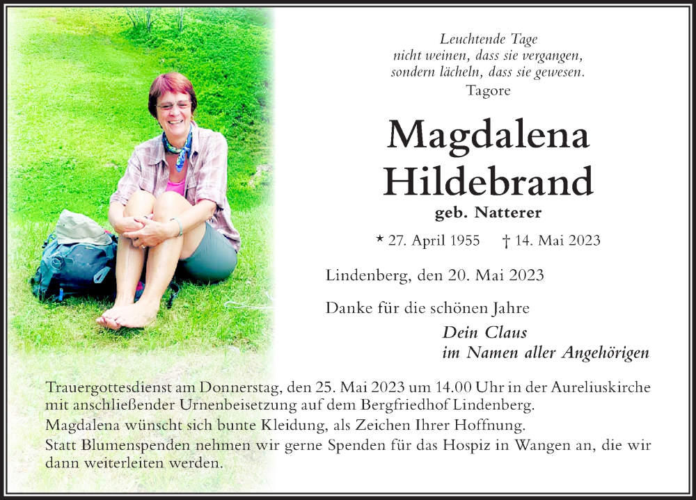  Traueranzeige für Magdalena Hildebrand vom 20.05.2023 aus Der Westallgäuer