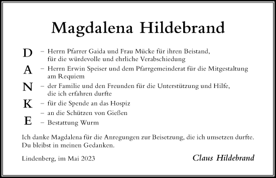 Traueranzeige von Magdalena Hildebrand von Der Westallgäuer