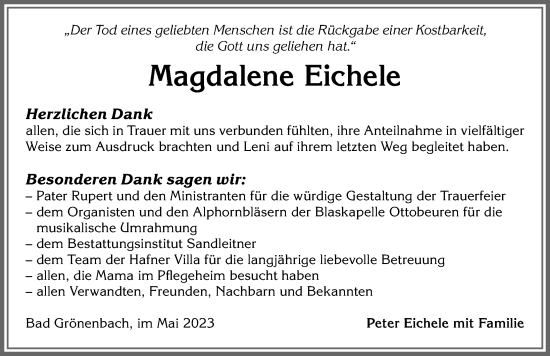 Traueranzeige von Magdalene Eichele von Memminger Zeitung