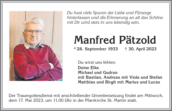 Traueranzeige von Manfred Pätzold von Allgäuer Zeitung, Marktoberdorf