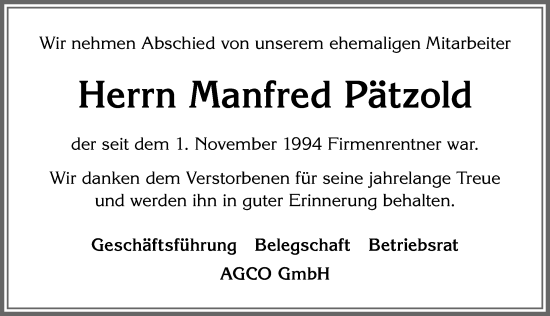 Traueranzeige von Manfred Pätzold von Allgäuer Zeitung, Marktoberdorf