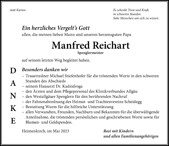 Traueranzeige von Manfred Reichart von Der Westallgäuer