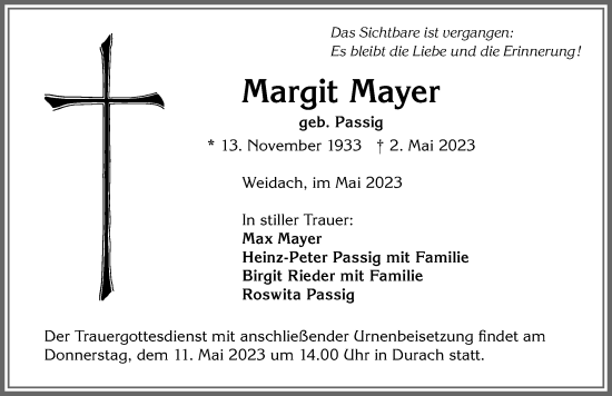 Traueranzeige von Margit Mayer von Allgäuer Zeitung,Kempten