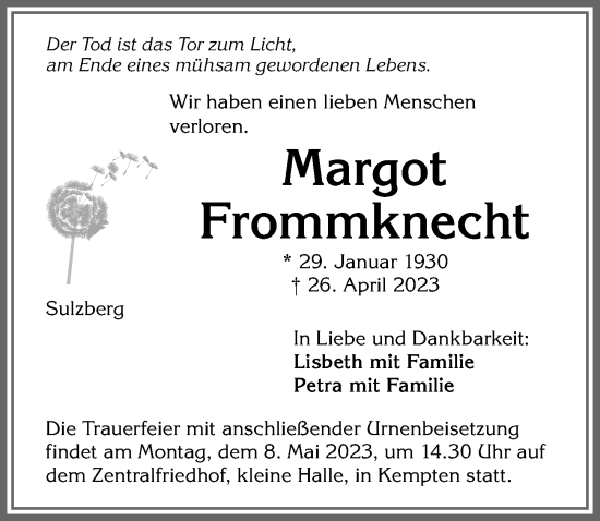 Traueranzeige von Margot Frommknecht von Allgäuer Zeitung,Kempten