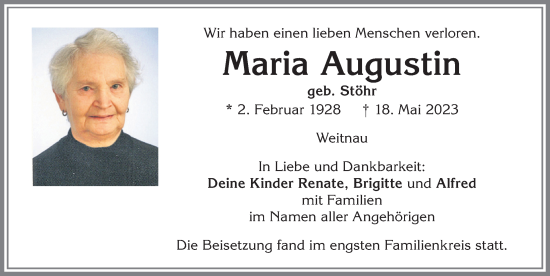 Traueranzeige von Maria Augustin von Allgäuer Zeitung,Kempten