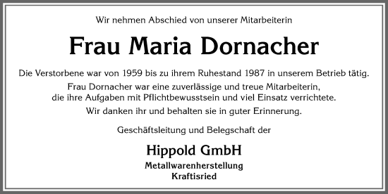 Traueranzeige von Maria Dornacher von Allgäuer Zeitung, Marktoberdorf