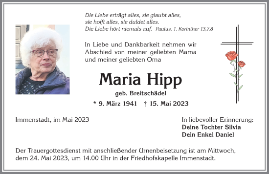 Traueranzeige von Maria Hipp von Allgäuer Anzeigeblatt