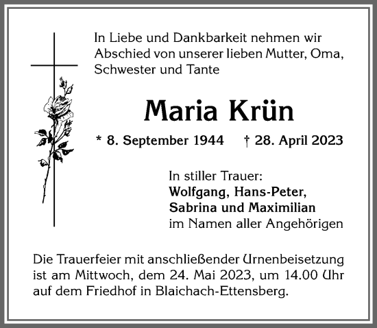 Traueranzeige von Maria Krün von Allgäuer Anzeigeblatt