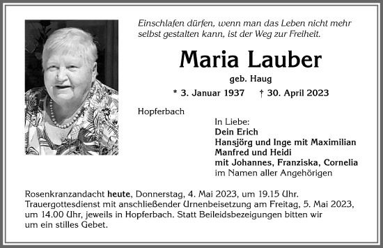 Traueranzeige von Maria Lauber von Allgäuer Zeitung, Marktoberdorf
