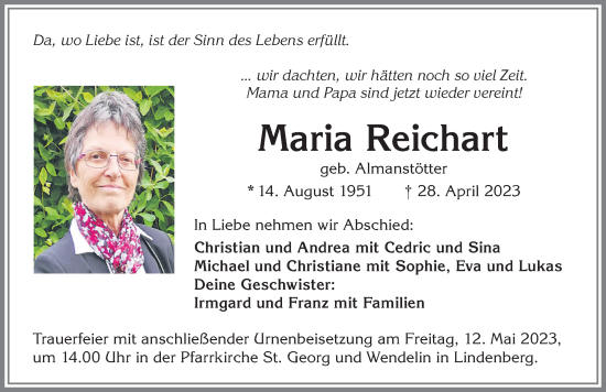 Traueranzeige von Maria Reichart von Allgäuer Zeitung, Kaufbeuren/Buchloe