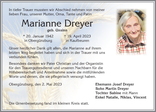 Traueranzeige von Marianne Dreyer von Allgäuer Zeitung, Marktoberdorf