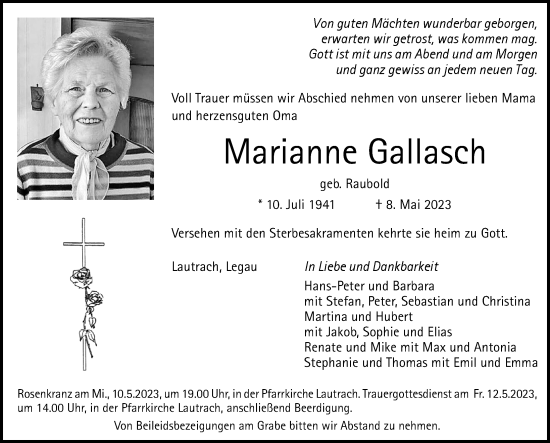 Traueranzeige von Marianne Gallasch von Memminger Zeitung
