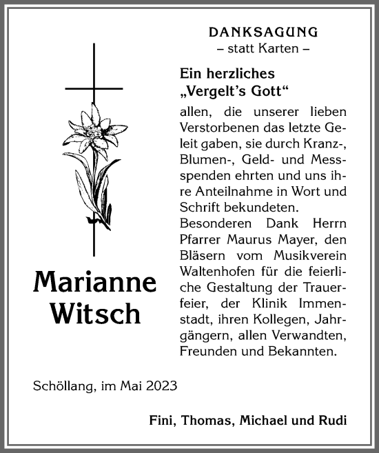 Traueranzeige von Marianne Witsch von Allgäuer Anzeigeblatt