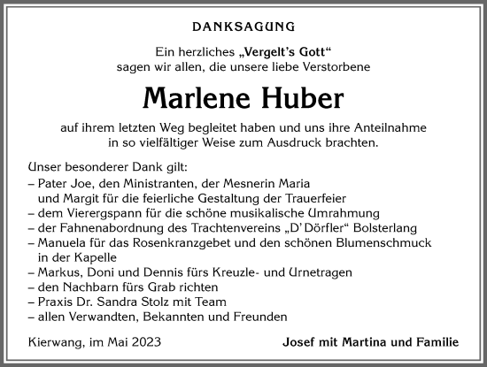 Traueranzeige von Marlene Huber von Allgäuer Anzeigeblatt