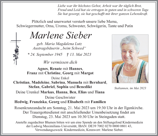 Traueranzeige von Marlene Sieber von Allgäuer Zeitung, Füssen