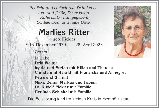 Traueranzeige von Marlies Ritter von Allgäuer Zeitung,Kempten