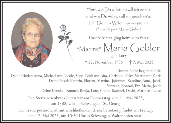 Traueranzeige von Marline Maria Gebler von Allgäuer Zeitung, Füssen