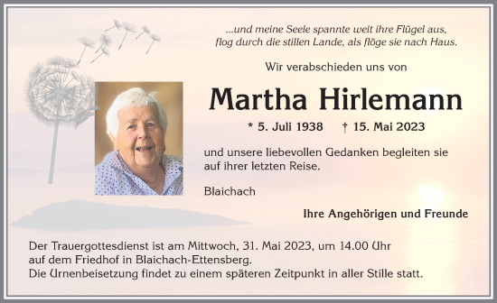Traueranzeige von Martha Hirlemann von Allgäuer Anzeigeblatt
