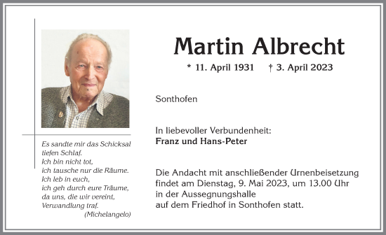 Traueranzeige von Martin Albrecht von Allgäuer Anzeigeblatt