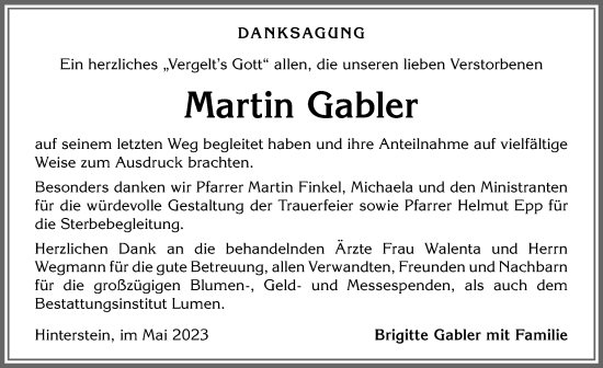 Traueranzeige von Martin Gabler von Allgäuer Anzeigeblatt
