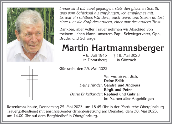 Traueranzeige von Martin Hartmannsberger von Allgäuer Zeitung, Marktoberdorf