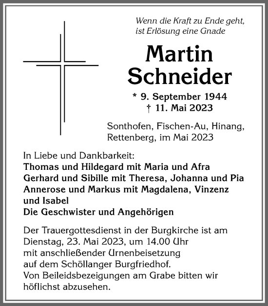 Traueranzeige von Martin Schneider von Allgäuer Anzeigeblatt