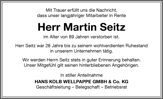 Traueranzeige von Martin Seitz von Memminger Zeitung