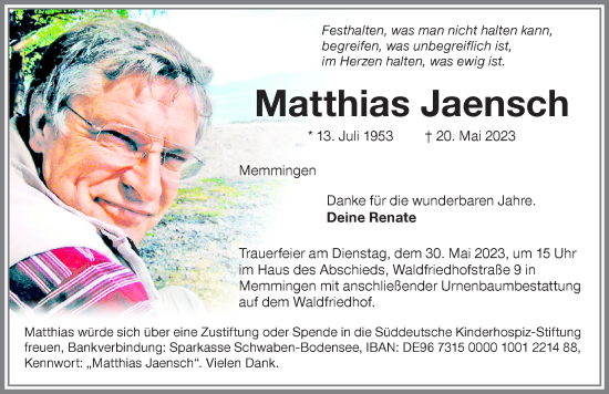 Traueranzeige von Matthias Jaensch von Memminger Zeitung