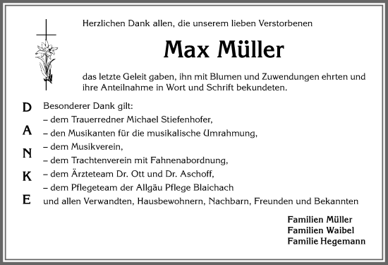 Traueranzeige von Max Müller von Allgäuer Anzeigeblatt