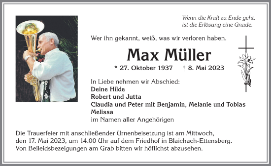 Traueranzeige von Max Müller von Allgäuer Anzeigeblatt