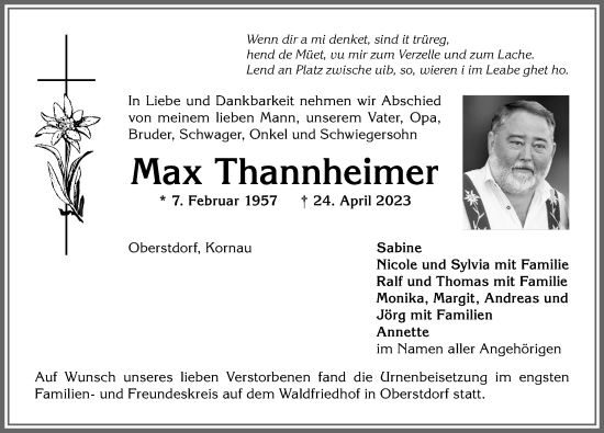 Traueranzeige von Max Thannheimer von Allgäuer Anzeigeblatt