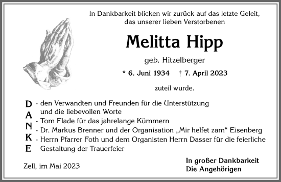 Traueranzeige von Melitta Hipp von Allgäuer Zeitung, Füssen