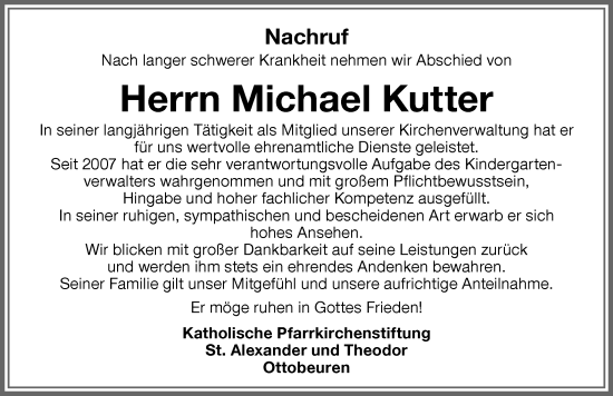 Traueranzeige von Michael Kutter von Memminger Zeitung