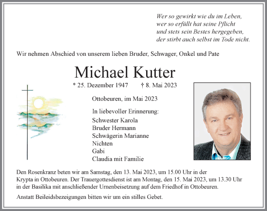 Traueranzeige von Michael Kutter von Memminger Zeitung