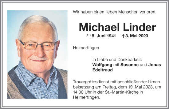 Traueranzeige von Michael Linder von Memminger Zeitung