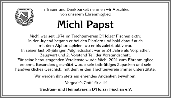 Traueranzeige von Michl Papst von Allgäuer Anzeigeblatt