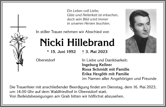 Traueranzeige von Nicki Hillebrand von Allgäuer Anzeigeblatt