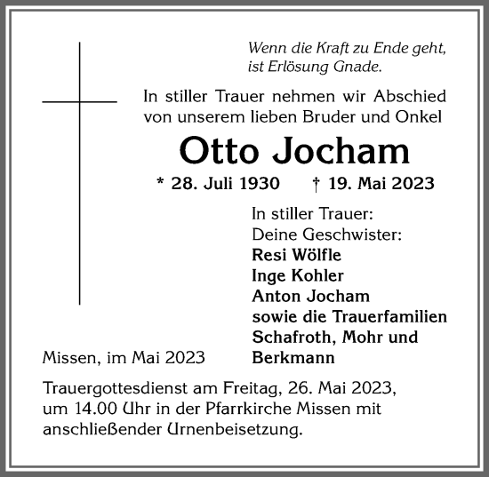 Traueranzeige von Otto Jocham von Allgäuer Anzeigeblatt