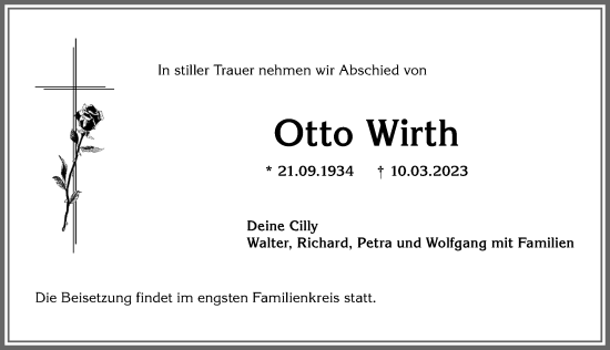 Traueranzeige von Otto Wirth von Allgäuer Anzeigeblatt