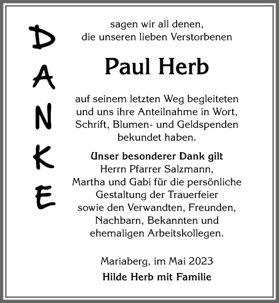 Traueranzeige von Paul Herb von Allgäuer Zeitung,Kempten
